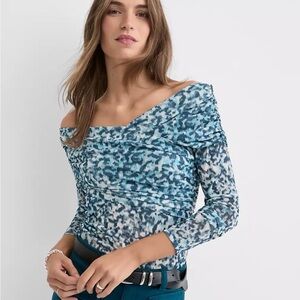 LOFT Off-Shoulder Blue Patterned Mesh Top